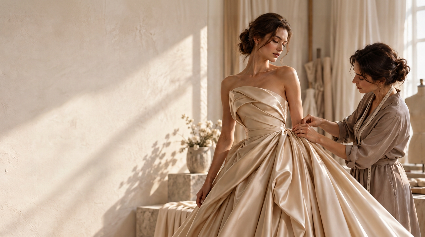 A silk gown being fitted by the Meri Couture designer